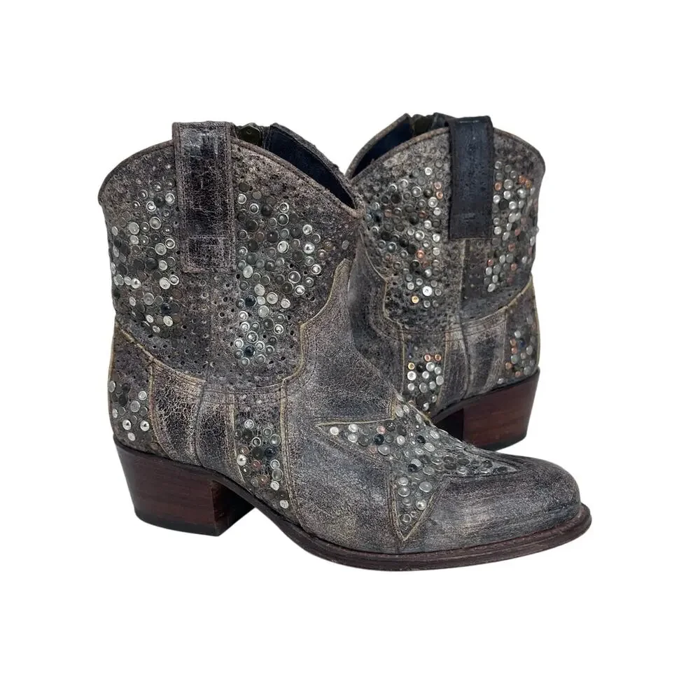 Frye Deborah Star Studded Ankle Boots Distresses - BROWN